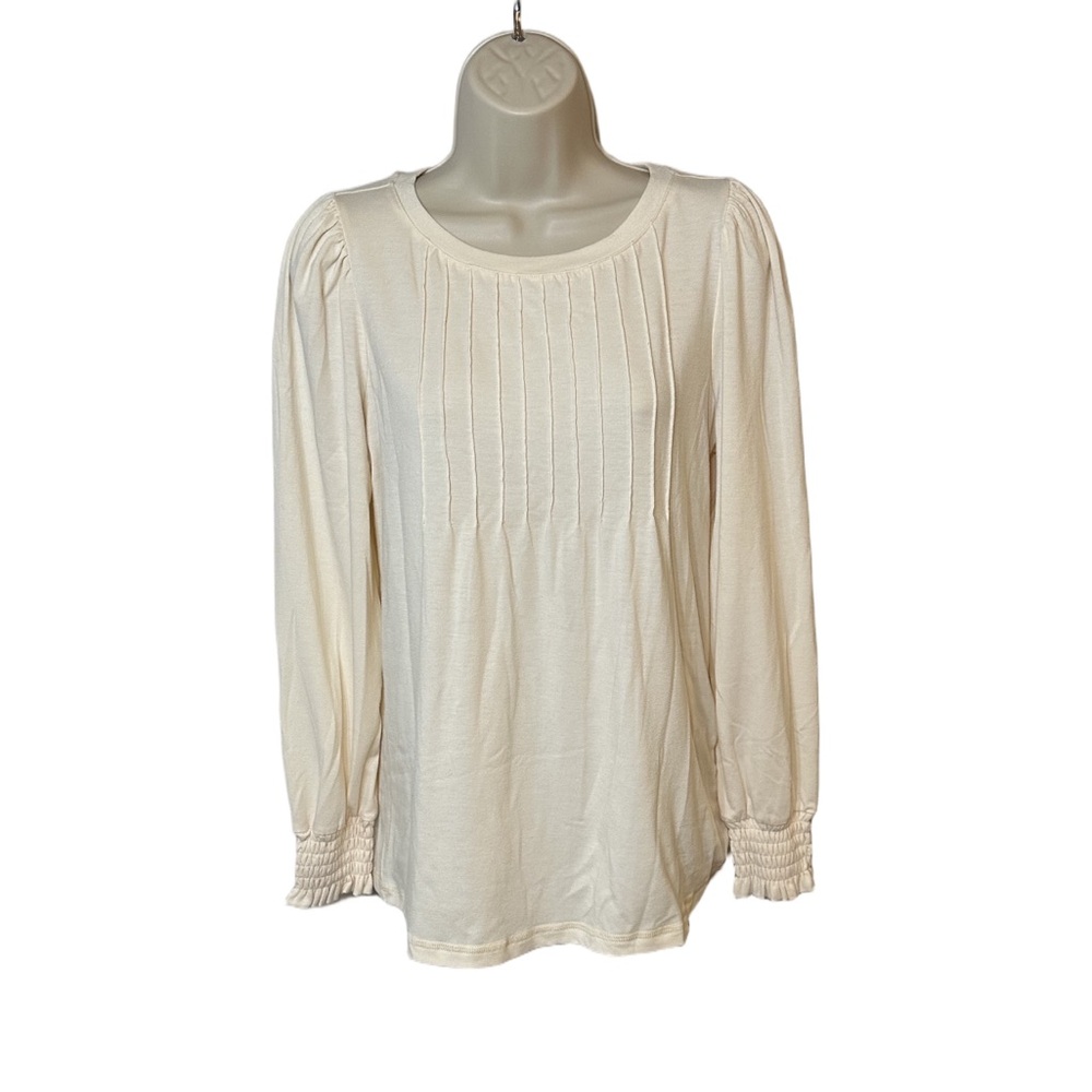 Automet Cream Pleated Long Sleeve Blouse Smocked Cuffs Elegant Fall Style Women